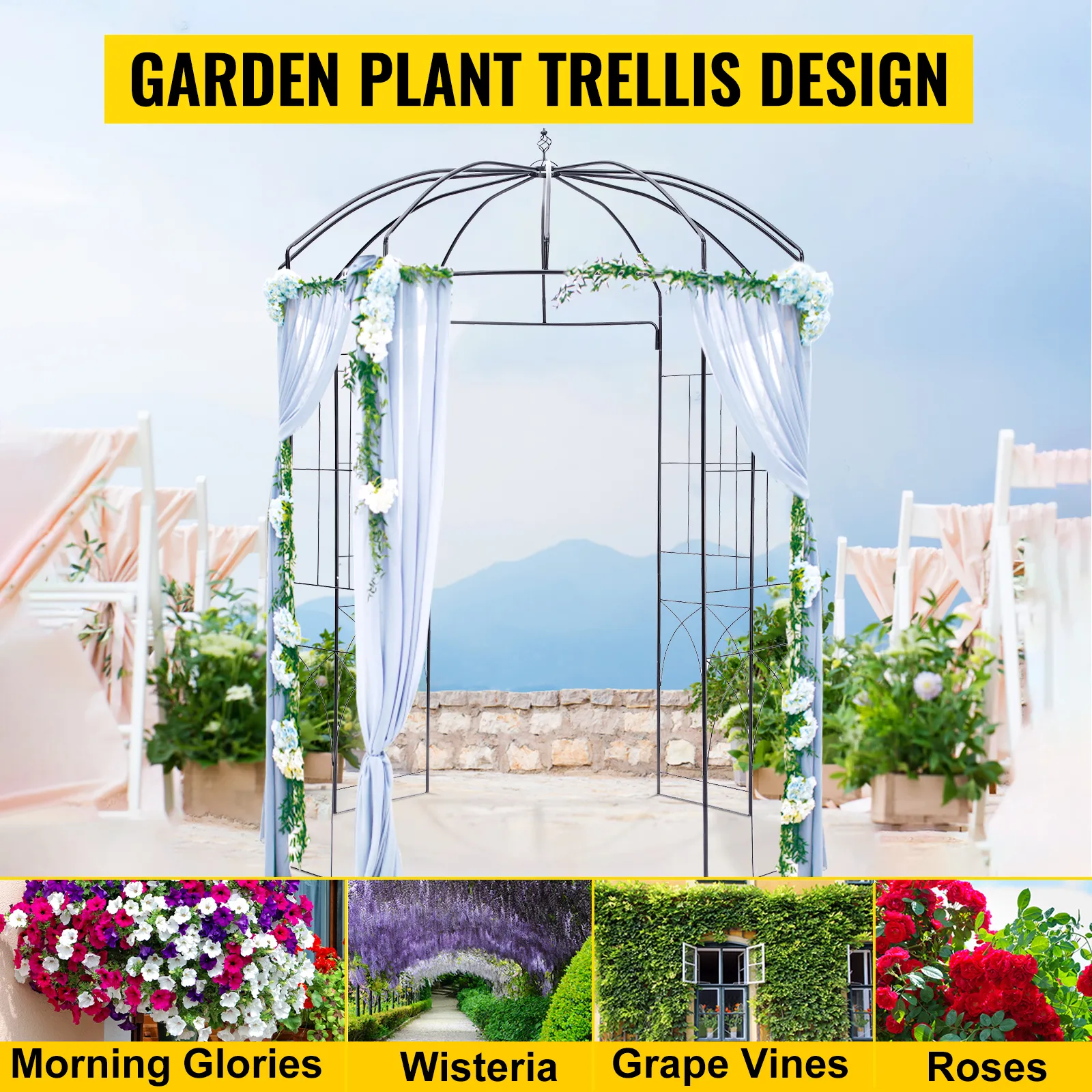 VEVOR Gartenlaube mit weißen Vorhängen und Blumen behangen, ideal für verschiedene Kletterpflanzen.