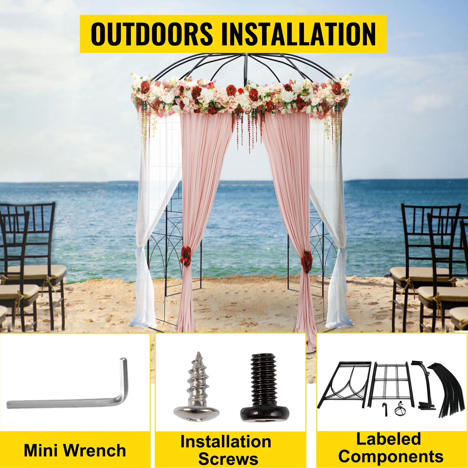 VEVOR-Gartenlaube am Strand mit Komponenten: Minischlüssel, Montageschrauben, beschriftete Teile.