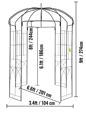 VEVOR garden arbor dimensions diagram, 9ft height, 6.6ft width, 3.4ft depth.