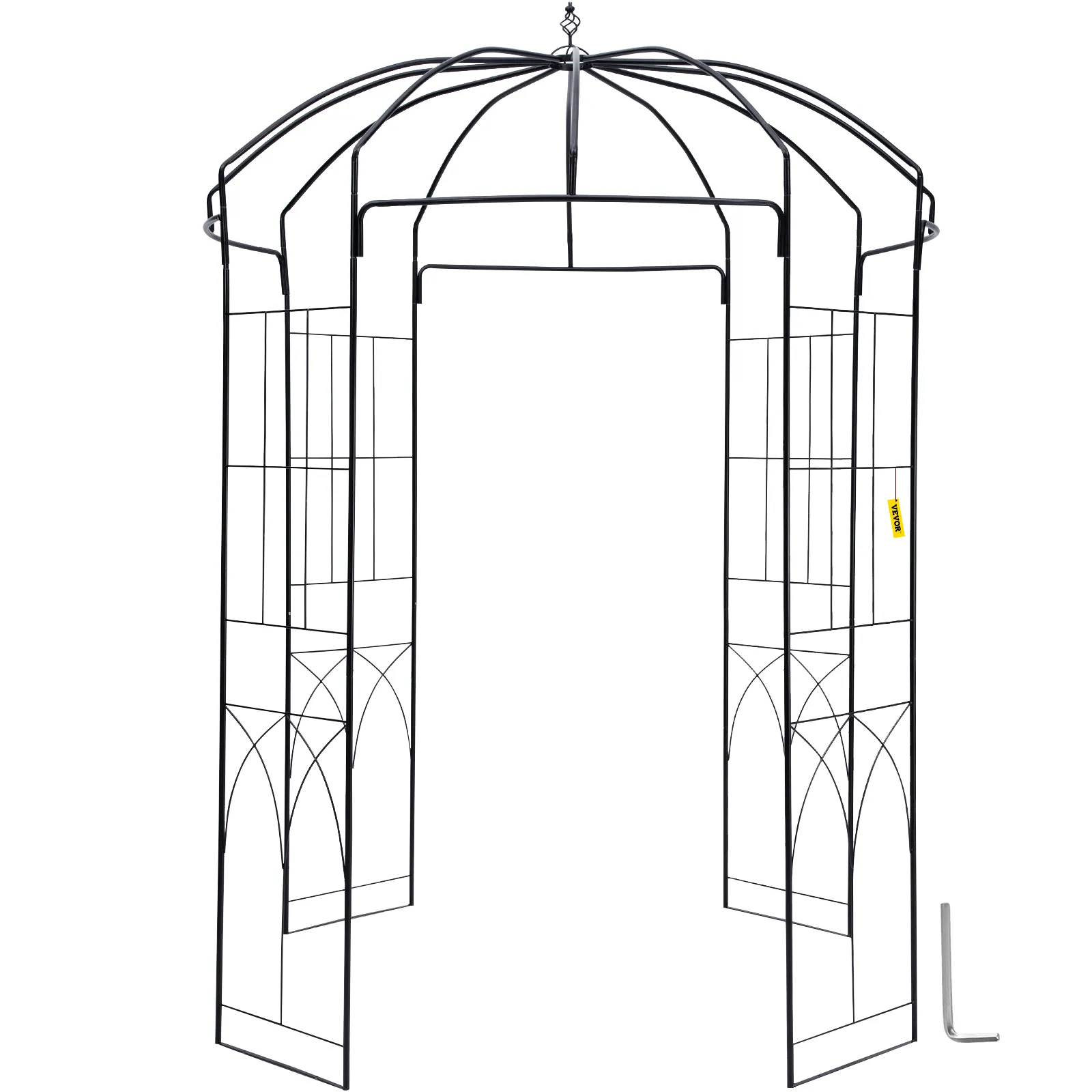VEVOR garden arbor steel frame with gothic-style arch and assembly tool included.