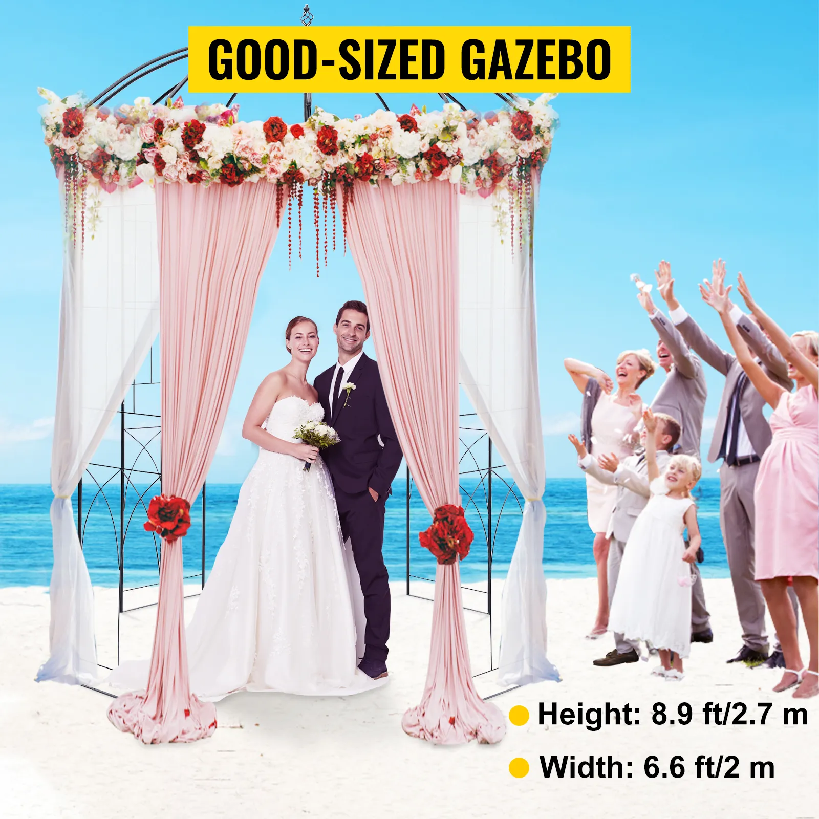 wedding under VEVOR garden arbor with pink drapes and floral decor on a sunny beach.