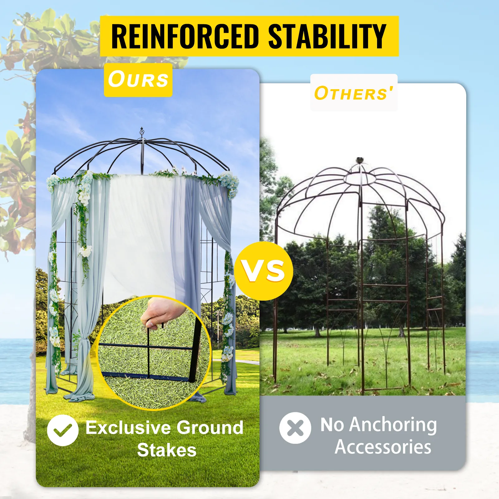 VEVOR garden arbor: exclusive ground stakes vs. no anchoring accessories. reinforced stability.