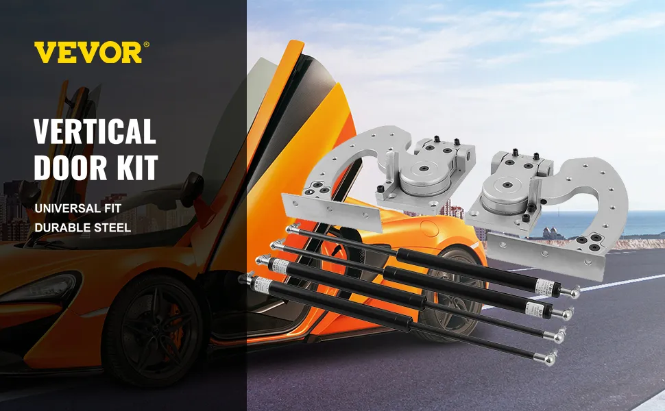 VEVOR-Lambo-Türbausatz mit langlebigen Stahlkomponenten, ausgestellt neben einem orangefarbenen Auto mit offenen Scherentüren.