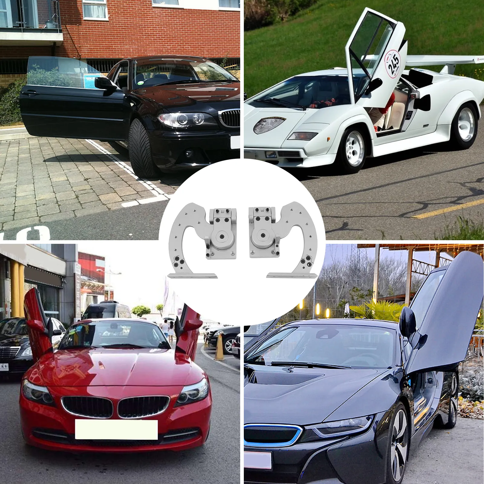 VEVOR-Lambo-Tür-Kit, installiert in verschiedenen Automodellen mit offenen Scherentüren.