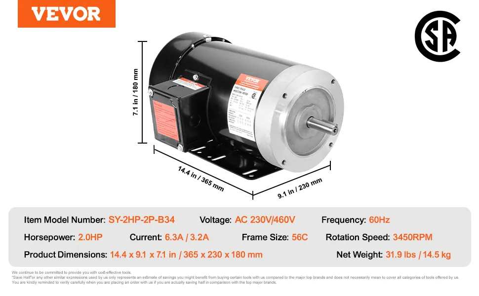 VEVOR 2hp electric motor, 230v/460v, 60hz, 3450 rpm, sy-2hp-2p-b34, black with dimensions and specifications.