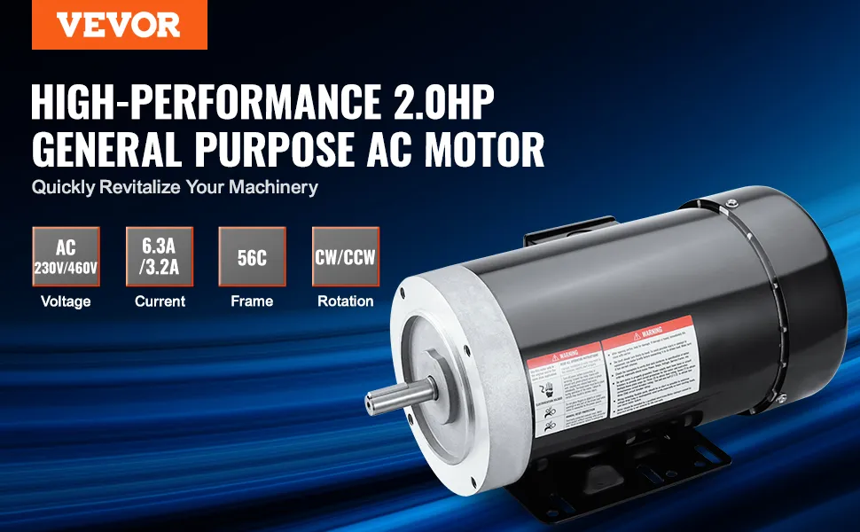 VEVOR 2hp electric motor: high-performance ac motor, 230v/460v, 6.3a/3.2a, 56c frame, cw/ccw rotation.