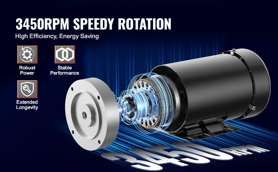 VEVOR 2hp electric motor showcasing 3450rpm rotation, robust power, stable performance, extended longevity.