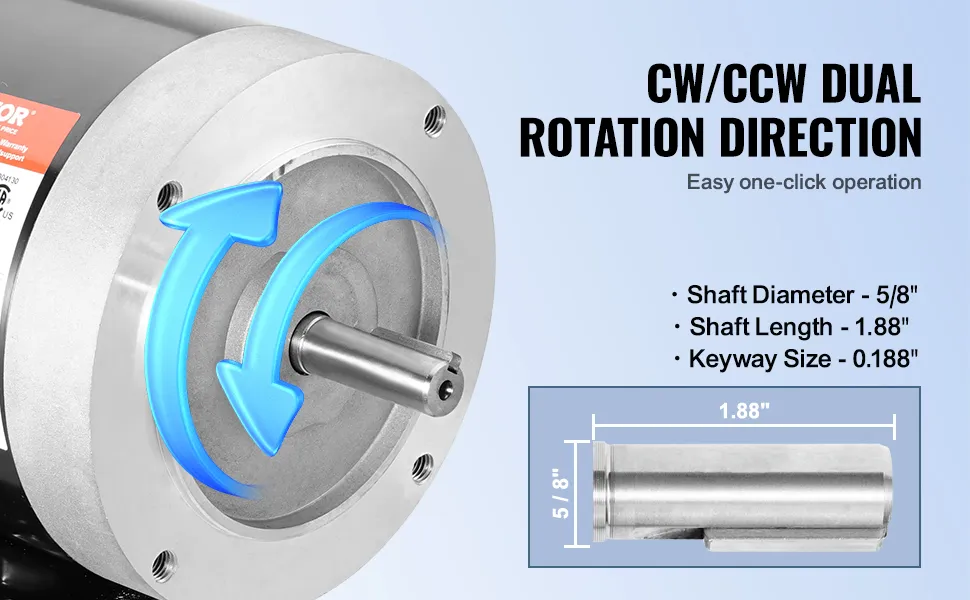 VEVOR 2hp electric motor with cw/ccw dual rotation, 5/8" shaft diameter, 1.88" shaft length.