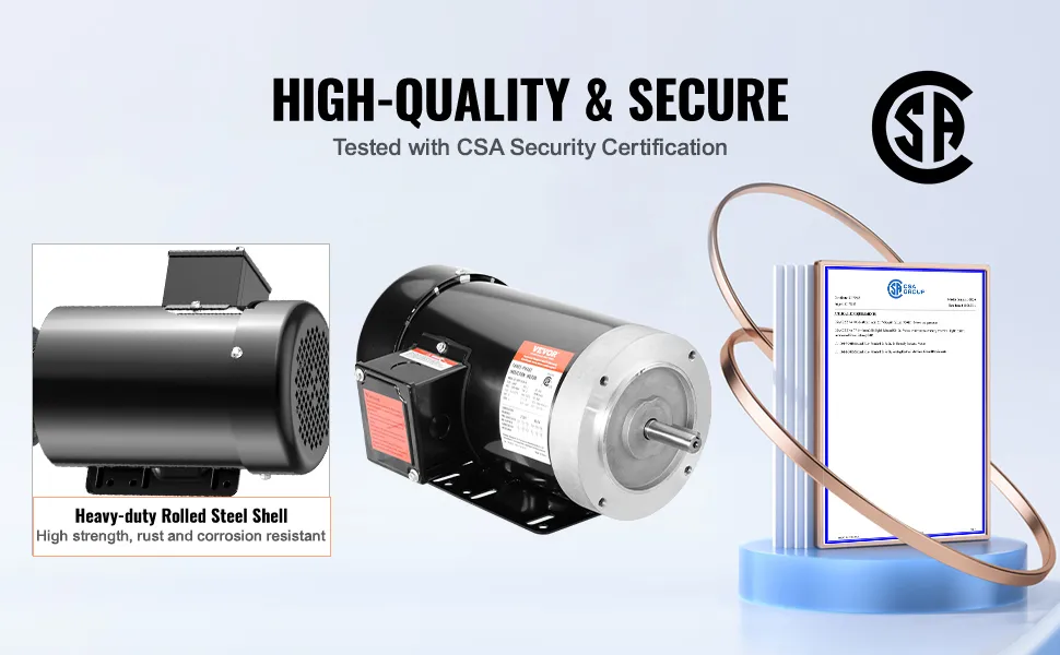 VEVOR 2hp electric motor with heavy-duty rolled steel shell and csa security certification.