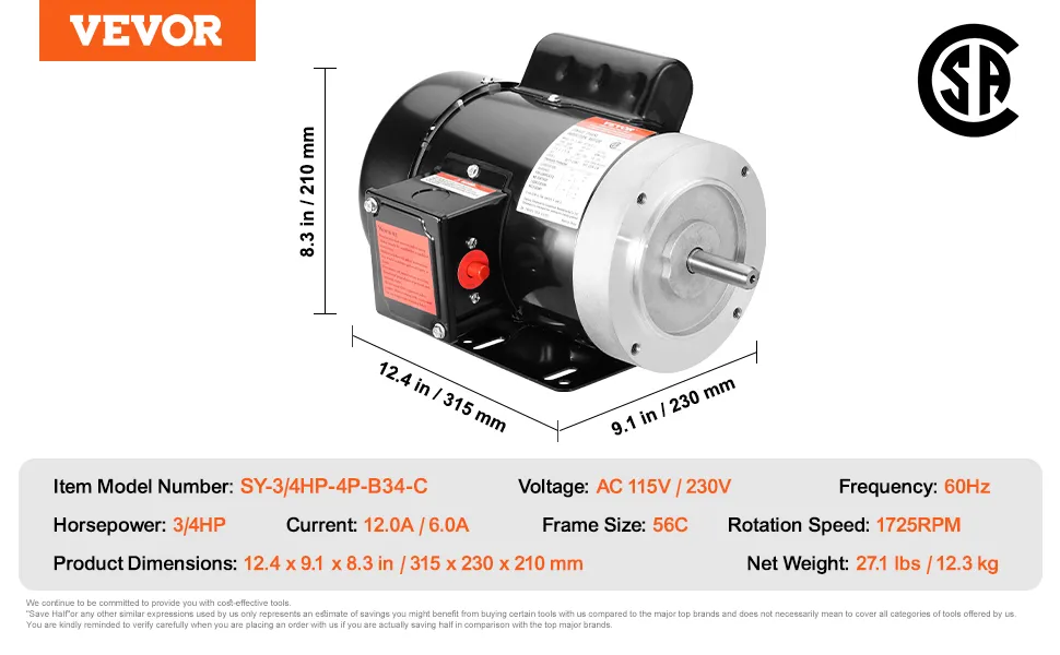 VEVOR electric motor with 3/4hp, ac 115v/230v, 1725rpm, 12.4 x 9.1 x 8.3 inches, 27.1 lbs.