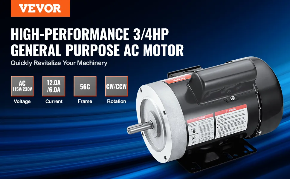 VEVOR electric motor 3/4hp ac 115v/230v, 12.0a/6.0a, 56c frame, cw/ccw rotation for general purpose.