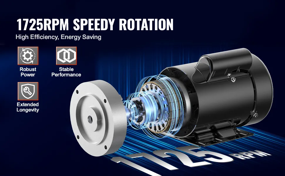 VEVOR electric motor, 1725 rpm, robust power, stable performance, high efficiency, extended longevity.