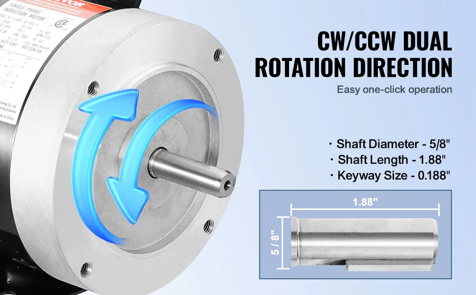 VEVOR electric motor with cw/ccw rotation, 5/8" shaft diameter, 1.88" shaft length, 0.188" keyway.