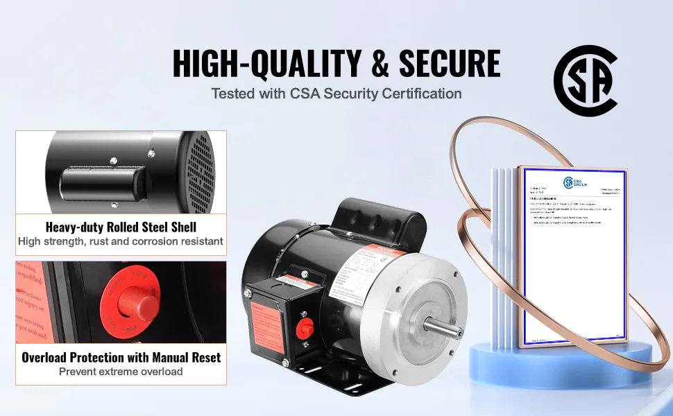 VEVOR electric motor, csa certified, with heavy-duty rolled steel shell and overload protection.