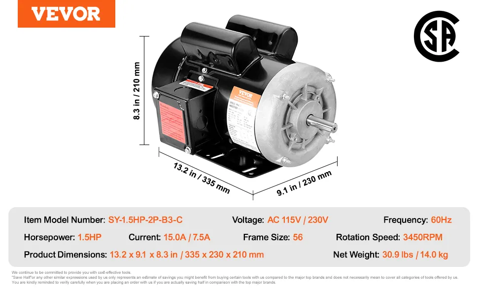 Motor eléctrico VEVOR con 1,5 CV, 115 V/230 V, velocidad de 3450 rpm, dimensiones de 13,2 x 9,1 x 8,3 pulgadas.
