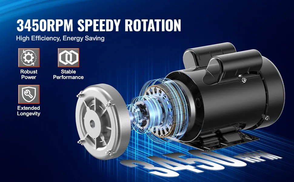 Motor eléctrico VEVOR con 3450 rpm, alta eficiencia, potencia robusta, rendimiento estable, longevidad prolongada.