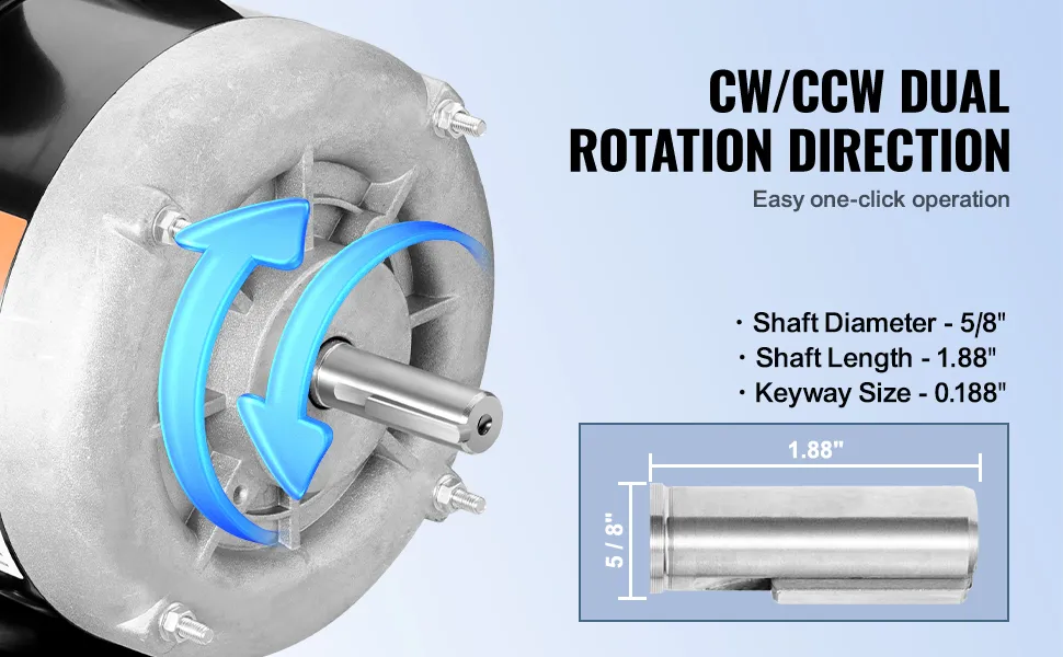Motor eléctrico VEVOR con doble rotación, diámetro de eje de 5/8", longitud de 1,88" y tamaño de chavetero de 0,188".