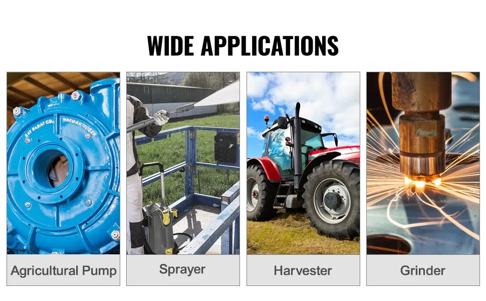 Amplias aplicaciones del motor eléctrico VEVOR en bombas agrícolas, pulverizadores, cosechadoras y trituradoras.
