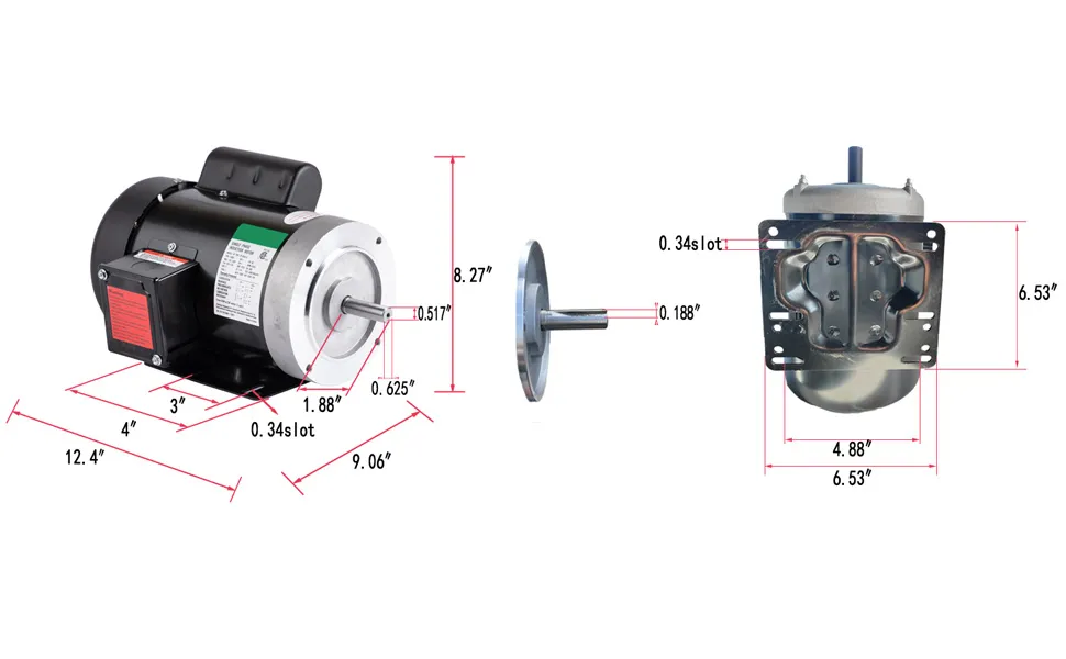 VEVOR electric motor, 1.0hp, ac 115v/230v, 3450rpm, 60hz, 56c frame. dimensions: 12.4" x 9.1" x 8.3".