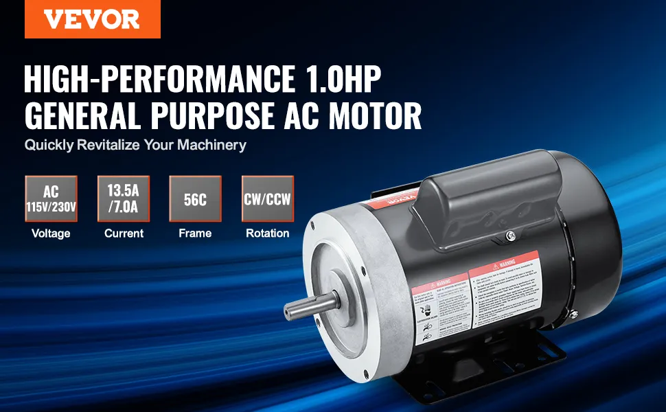VEVOR electric motor 1.0 hp ac, 115v/230v, 13.5a/7.0a, 56c frame, cw/ccw rotation.