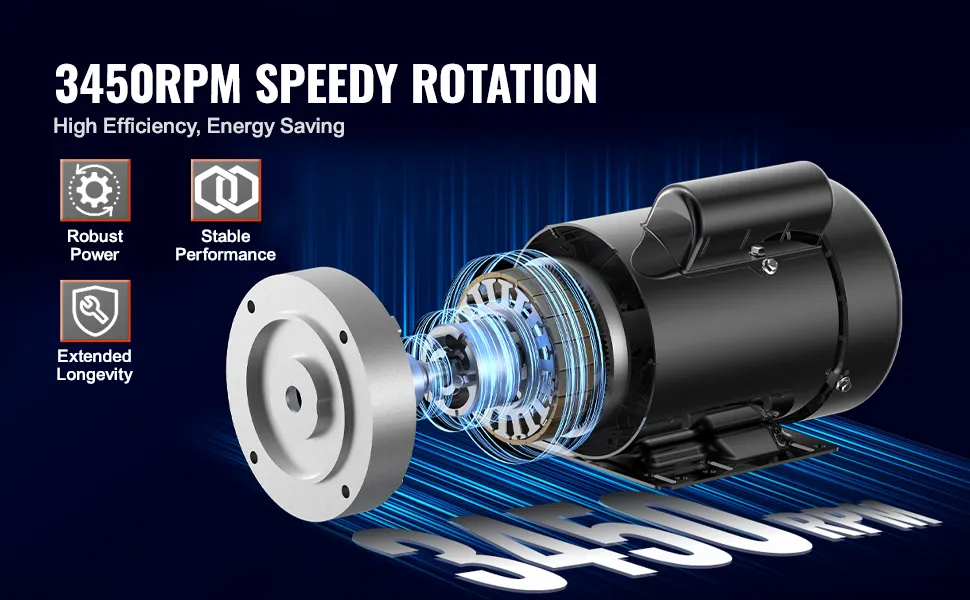 VEVOR electric motor with 3450rpm, high efficiency, energy saving, robust power, and stable performance.