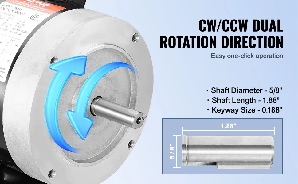 VEVOR electric motor with dual rotation direction, one-click operation, and shaft dimensions.