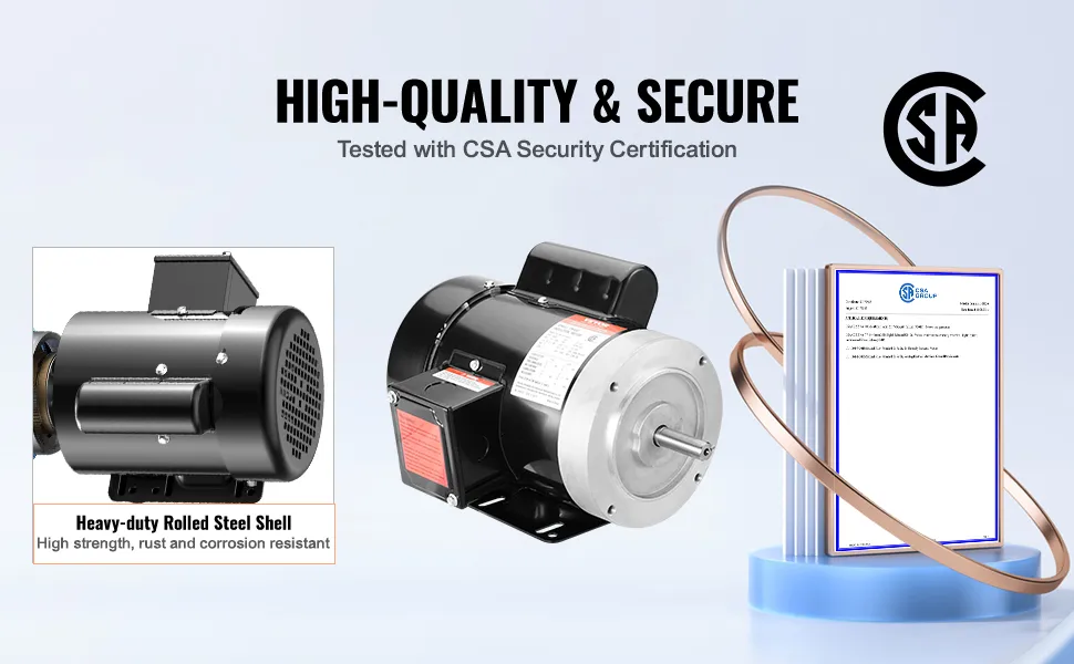 VEVOR electric motor with heavy-duty rolled steel shell, csa security certification, and high-quality build.