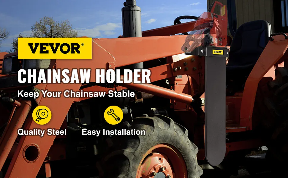 VEVOR chainsaw holder mounted on orange tractor with quality steel and easy installation features.