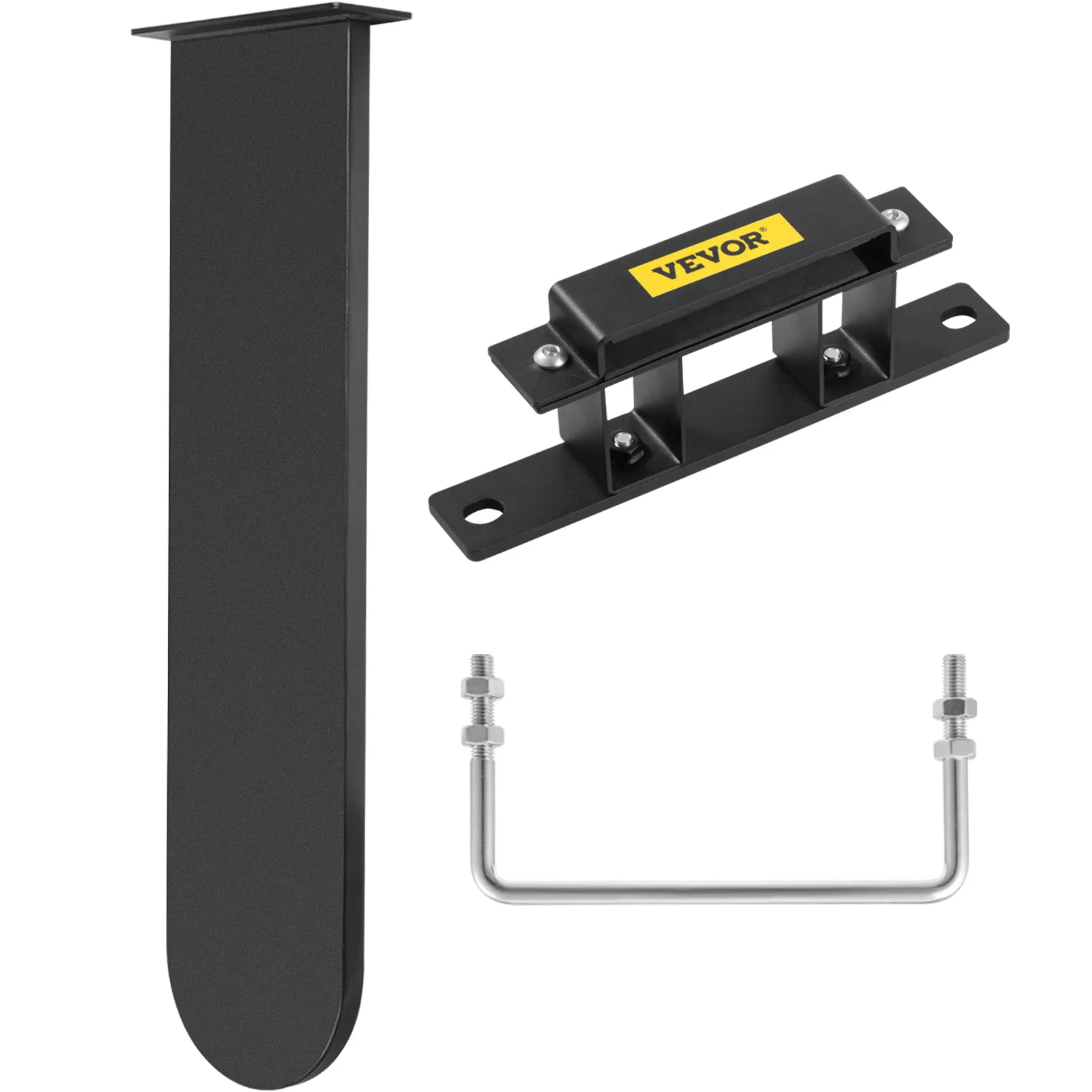 VEVOR chainsaw holder components: black brackets, steel u-bolt, and screws for secure mounting.