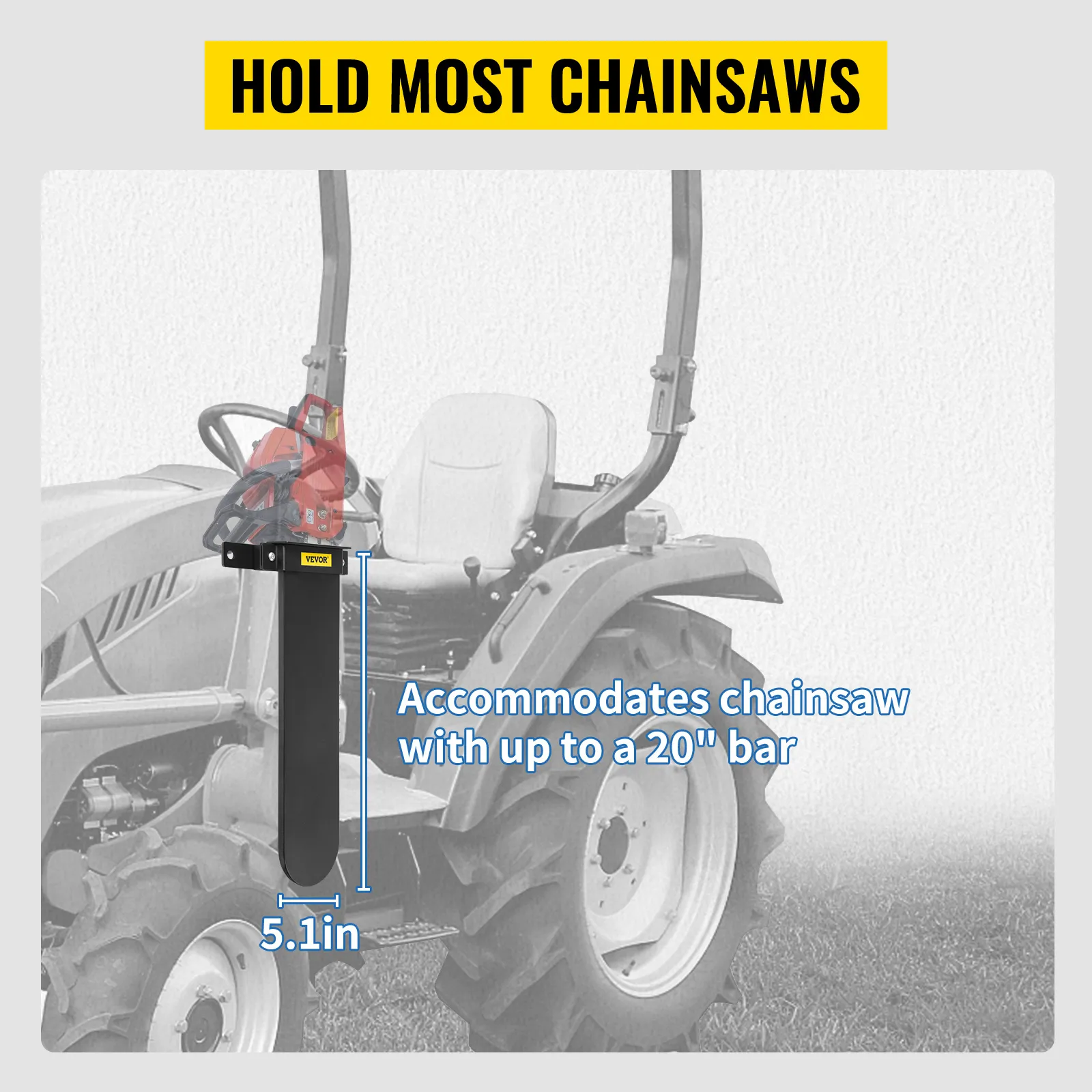 VEVOR chainsaw holder mounted on farm tractor, accommodates chainsaws with up to a 20" bar.