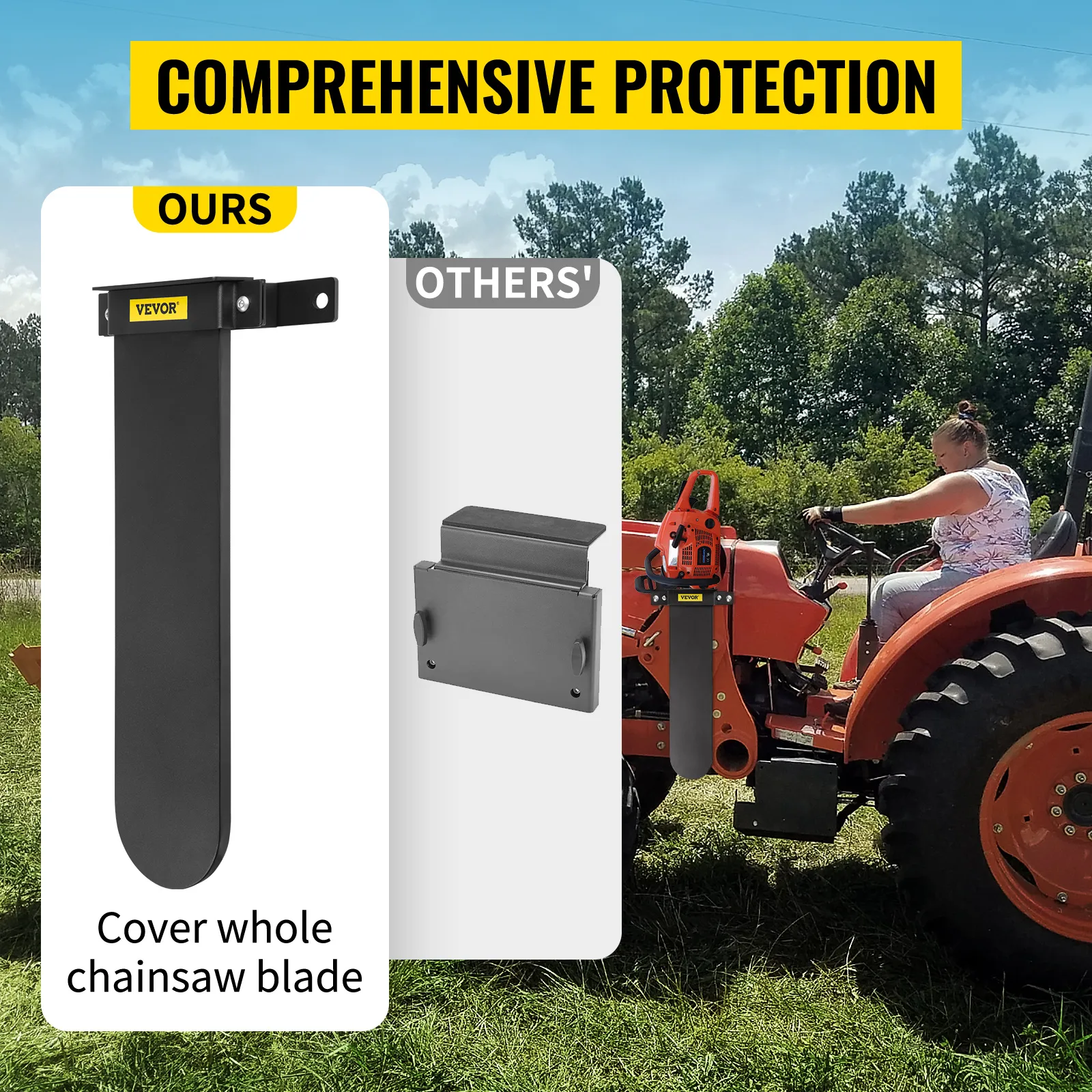VEVOR chainsaw holder for comprehensive protection mounted on a tractor, compared to a smaller holder.