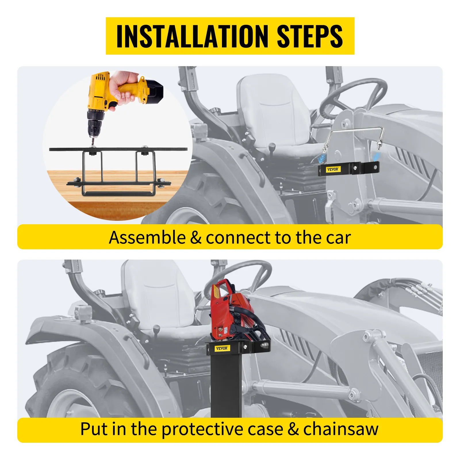 VEVOR chainsaw holder installation: attach to vehicle and place chainsaw in protective case.