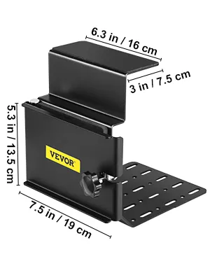Soporte para motosierra VEVOR negro con abrazadera ajustable y orificios para tablero perforado, dimensiones resaltadas