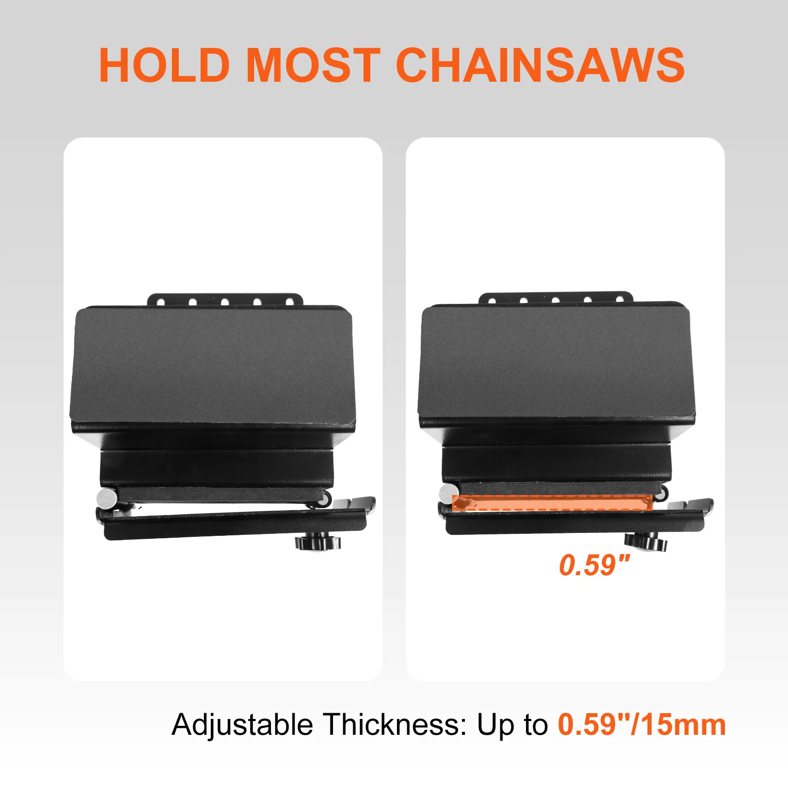 Soporte para motosierra VEVOR con grosor ajustable hasta 0,59 pulgadas/15 mm mostrado en dos imágenes.