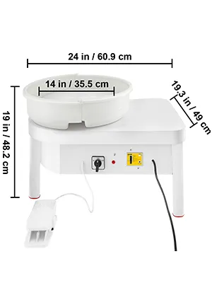 Dimensiones del torno de cerámica VEVOR: 24" de ancho, 19,3" de alto, 19" de largo, 14" de diámetro del torno.