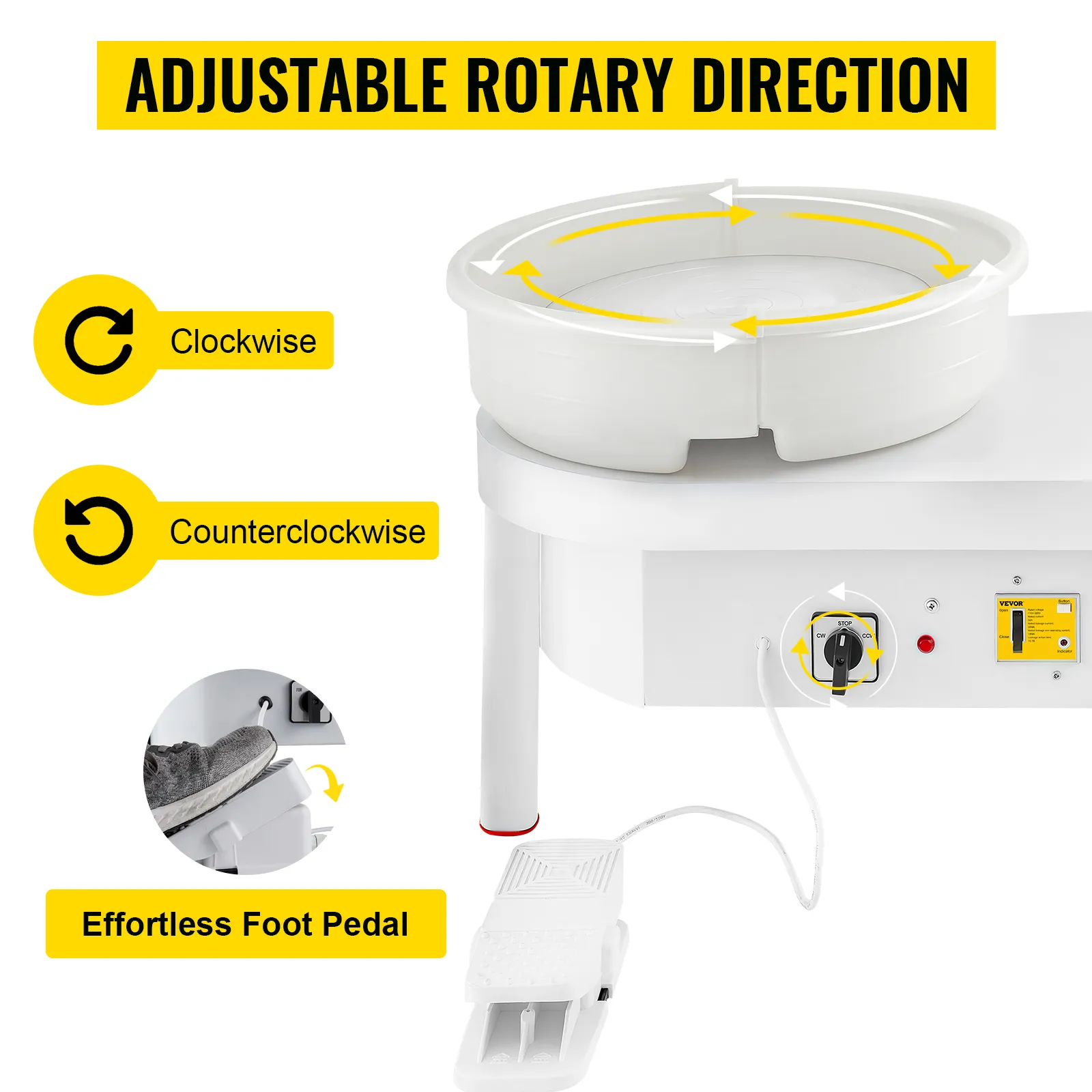 Torno de cerámica VEVOR con dirección de rotación ajustable y pedal de fácil manejo.