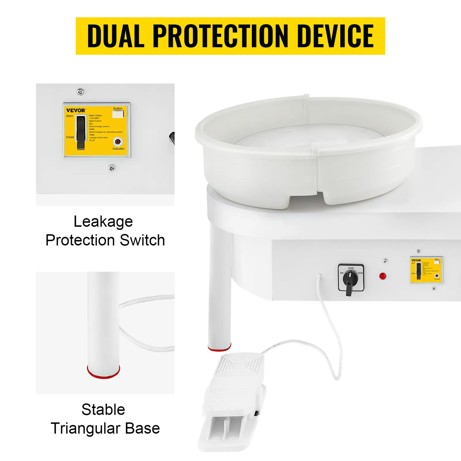 Torno de cerámica VEVOR con interruptor de protección contra fugas y base triangular estable.