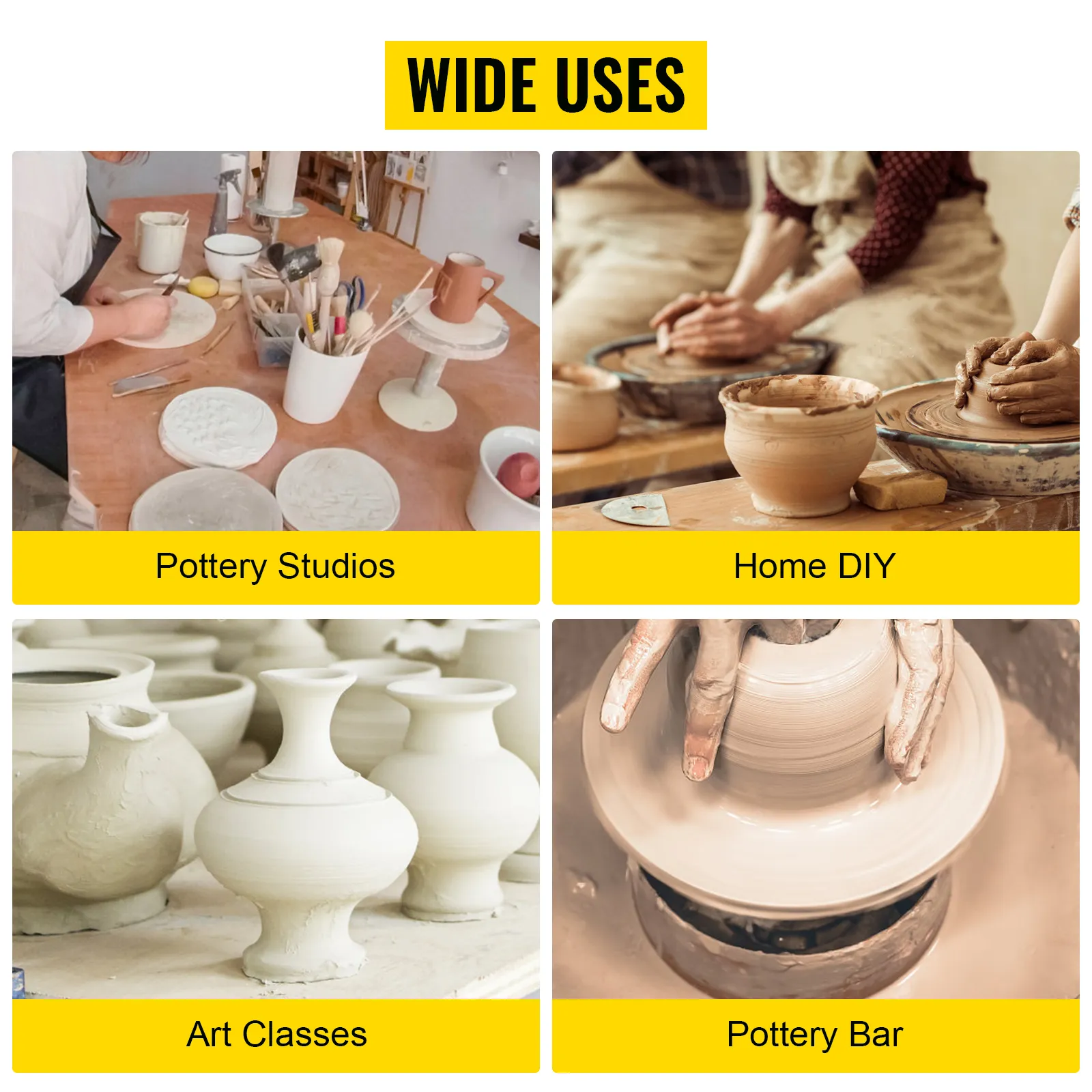 Amplios usos del torno de cerámica VEVOR en estudios, bricolaje casero, clases de arte y bares de cerámica.