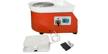 rot-weiße elektrische VEVOR-Töpferscheibe mit Fußpedal und Bildhauerwerkzeugen.