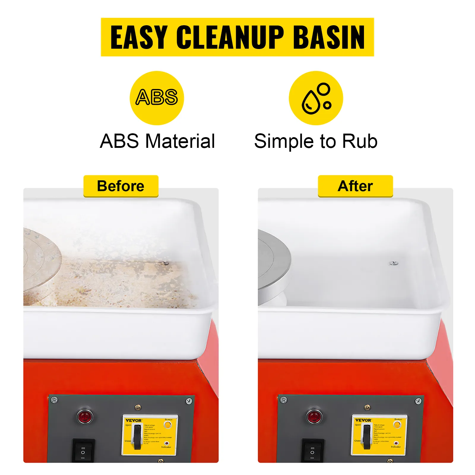 VEVOR-Töpferscheibe mit leicht zu reinigendem ABS-Becken, Vergleich vor und nach der Reinigung.