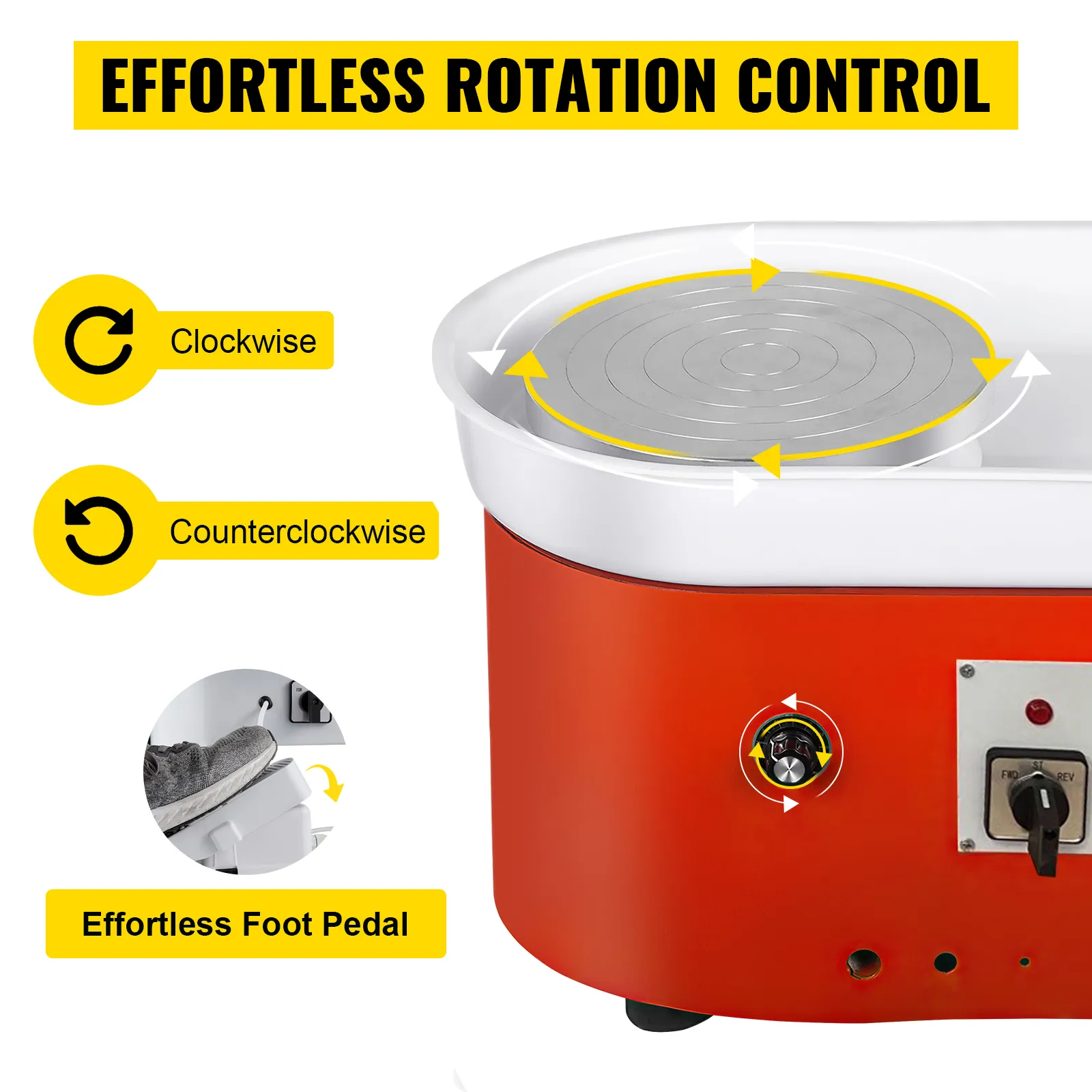 Mühelose Rotationskontrolle an der VEVOR-Töpferscheibe mit Fußpedal und Richtungsoptionen.