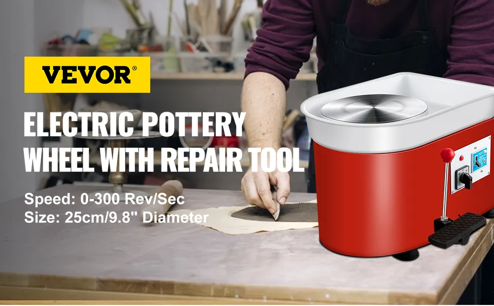 Torno de cerámica VEVOR en uso con herramienta de reparación, 0-300 rev/seg, 25 cm de diámetro.