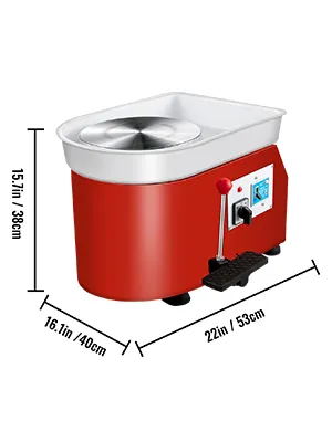 Torno de cerámica VEVOR rojo con dimensiones: 22 pulgadas x 16,1 pulgadas x 15,7 pulgadas.