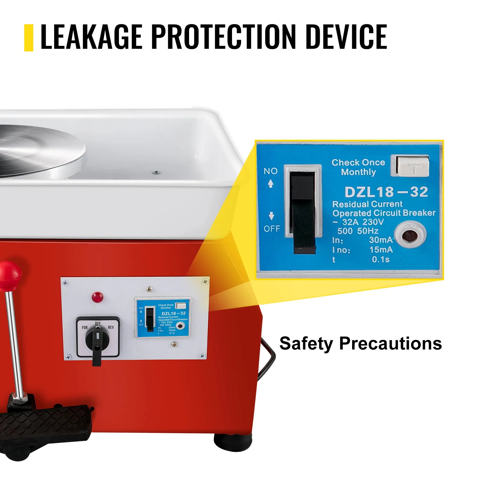 Torno de cerámica VEVOR con dispositivo de protección contra fugas para mayores precauciones de seguridad.