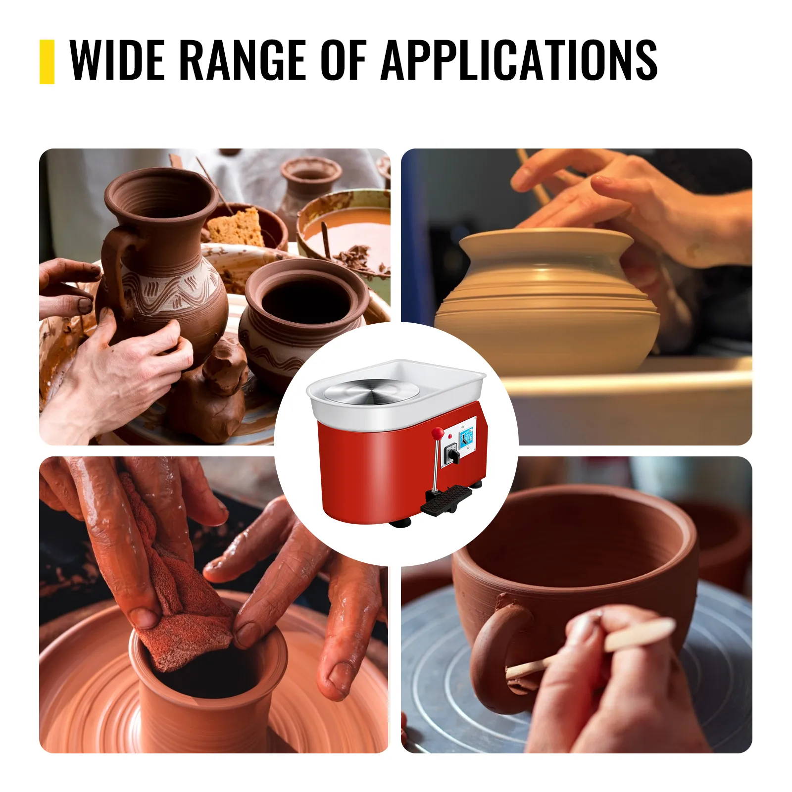 Torno de alfarero VEVOR en uso para dar forma a cuencos y tazas, mostrando diversas técnicas de cerámica.