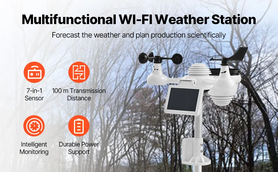 VEVOR 7-in-1 Wi-Fi Weather Station 7 in TFT Display Wireless Outdoor Sensor