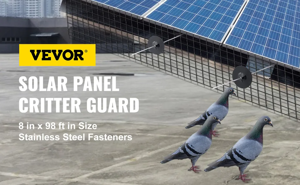 VEVOR solar panel critter guard with pigeons underneath and a cityscape background.