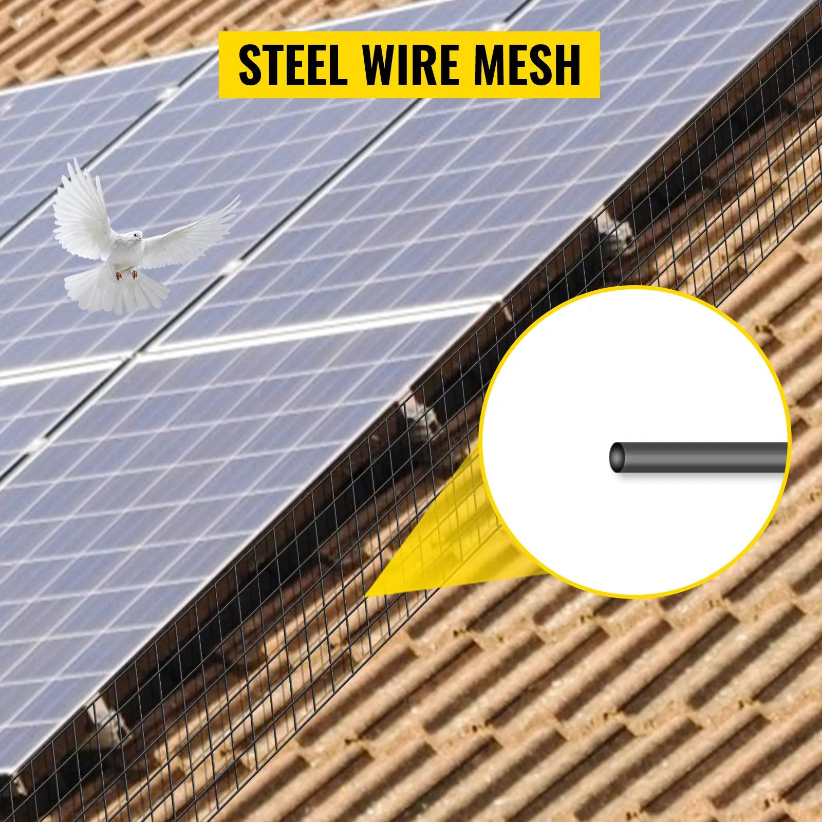 VEVOR solar panel guard with steel wire mesh on rooftop, showing a white bird.