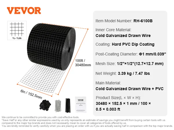 VEVOR solar panel bird guard, 100ft mesh roll, cold galvanized drawn wire, hard pvc coating, accessories included.