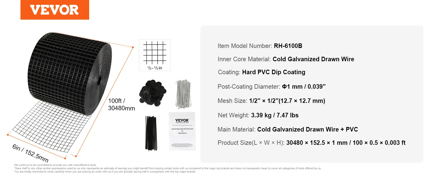VEVOR solar panel bird guard, 100ft mesh roll, cold galvanized drawn wire, hard pvc coating, accessories included.
